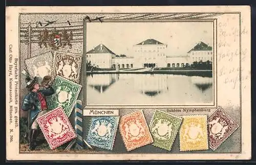 Präge-AK München, Schloss Nymphenburg und Briefmarken