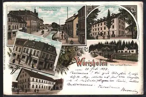 Lithographie Wörishofen, Bachstrasse mit Kurhaus und Hotel Luitpold, Hotels Urban, Krone und zur Stadt München