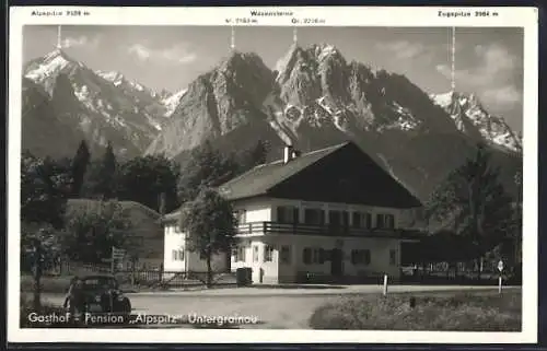 AK Untergrainau, Gasthof-Pension Alpspitz, Alpspitze, Waxensteine und Zugspitze im Hintergrund