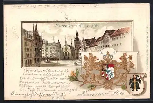 Passepartout-Lithographie München, Blick auf den Marienplatz, Wappen mit Münchner Kindl