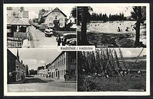 AK Nandlstadt, Hopfenanfuhr-und Ernte, Hauptstrasse mit Pfarrhof und Waldbad, Brauerei