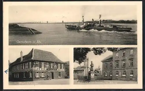AK Gernsheim a. Rh., Gasthaus zum Karpfen, Peter-Schöffer-Denkmal mit Schule