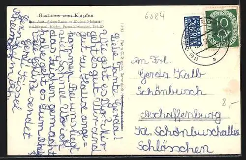 AK Gernsheim a. Rh., Gasthaus zum Karpfen, Peter-Schöffer-Denkmal mit Schule