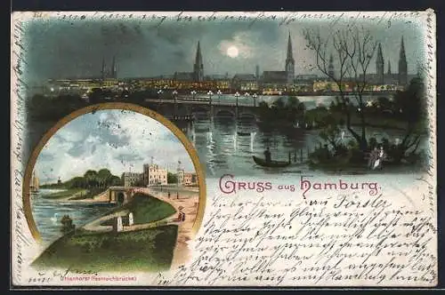 Lithographie Hamburg-Uhlenhorst, Panorama, Feenteichbrücke
