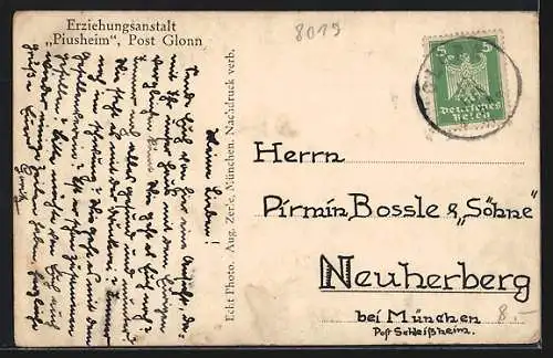 AK Glonn, Erziehungsanstalt Piusheim mit Zugangsstrasse, Schweinewiese u. Zöglingen mit Pferden