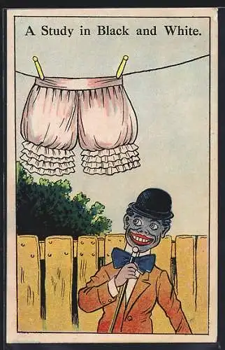 Künstler-AK A Study in Black and White, Farbiger mit Rüschen-Unterhose