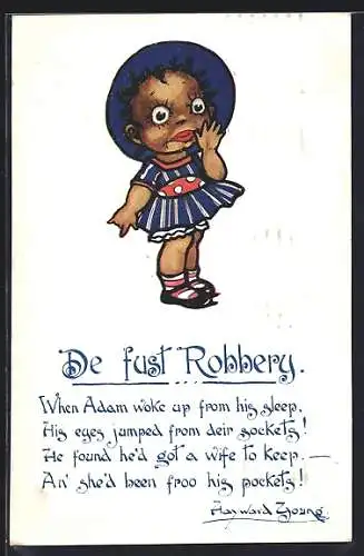 Künstler-AK Mädchen in blauem Kleid mit Hut, De fust Robbery