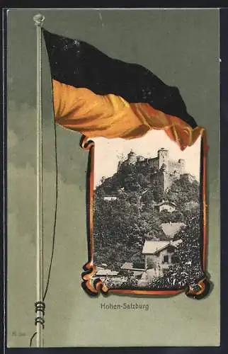 Passepartout-Lithographie Salzburg, Feste Hohen-Salzburg, Österr.-ung. Fahne
