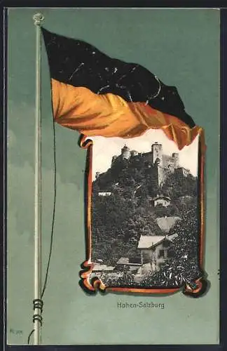 Passepartout-Lithographie Schloss Hohen-Salzburg mit österreichischer Fahne