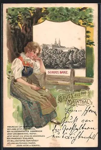 AK Staffelstein / Lichtenfels, Blick auf das Schloss Banz, Mädchen mit Gänseblümchen