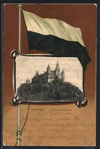 Passepartout-Lithographie Hechingen, Burg Hohenzollern mit Flagge