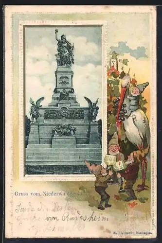 Passepartout-Lithographie Niederwalddenkmal, Zwerge mit Storch und Wein