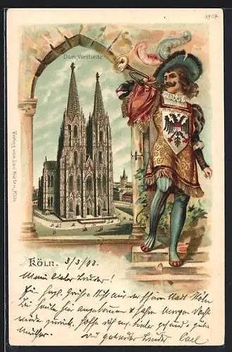 Passepartout-Lithographie Köln, Der Kölner Dom, Westseite, Wächter mit Wappen