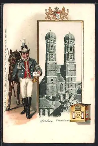 Passepartout-Lithographie München, Frauenthürme, Postbote und Briefkasten