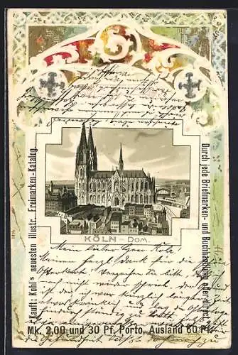 Passepartout-Lithographie Köln, Blick auf den Dom mit umliegenem Stadtbild