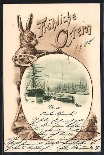 Passepartout-Lithographie Hamburg, Schiffe im Hafen, Osterhase mit Pinsel, Fröhliche Ostern