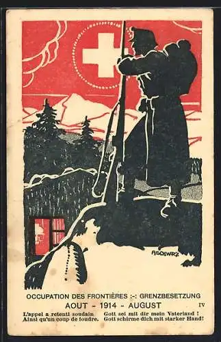 Künstler-AK Silhouette eines schweizer Grenzsoldaten mit Gewehr, Grenzbesetzung 1914