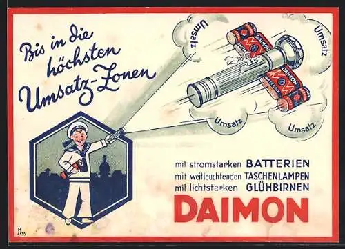 Künstler-AK Daimon Taschenlampen Reklame, Kleiner Matrose mit Taschenlampe