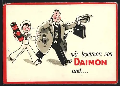 Künstler-AK Daimon Reklame, Matrose und Mann mit Batterie und Taschenlampe
