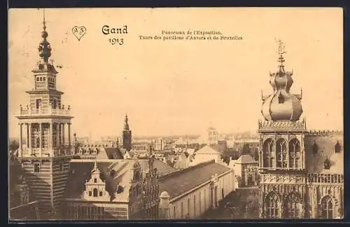 AK Gand, Exposition Internationale et Universelle 1913, Panorama, Tours des pavillons d`Anvers et de Bruxelles