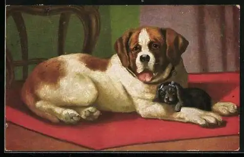 Künstler-AK Hund und Welpe auf einem Teppich