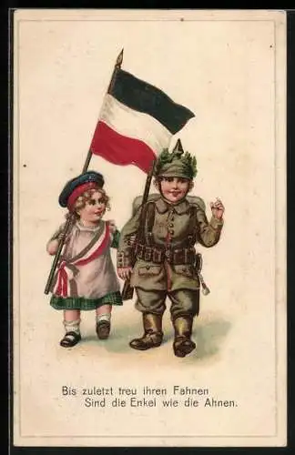 Präge-AK Kleiner Soldat und Mädchen mit Reichsfahne