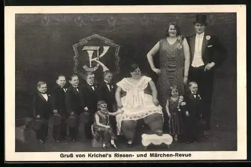 AK Gruss von Krichel`s Riesen- und Märchen-Revue, Übergewichtige und Riese