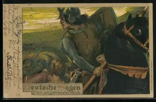 Künstler-AK sign. Hans Röhm: Der ungetreue Wittich, Ritter zu Pferde, Deutsche Sage