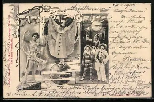 Künstler-AK Charles Scolik: Carnevalsgrüsse, Harlekin und Tanzmädchen