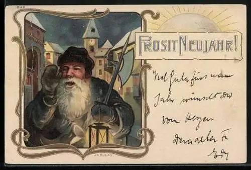 Lithographie Prosit Neujahr, Nachtwächter