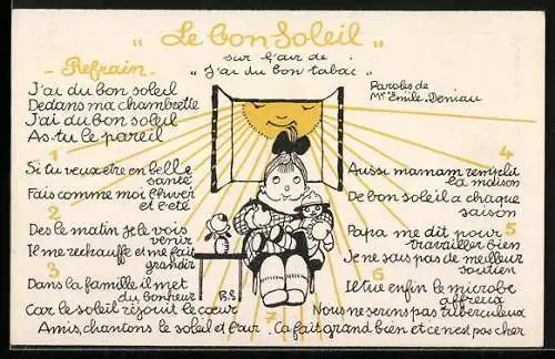 AK Sonne mit Gesicht bescheint ein Mädchen mit Puppe, Medizin, Tuberkulose