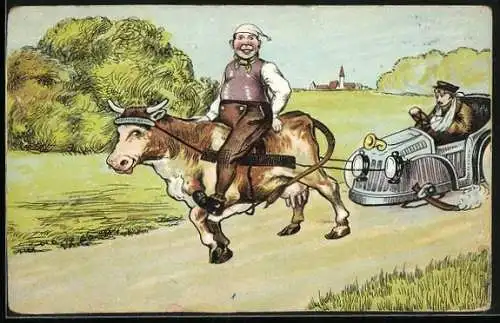 AK Bauer auf seiner Kuh zieht Auto hinter sich her