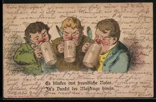 Lithographie Drei Trinker mit roten Nasen blicken in ihre Bierkrüge