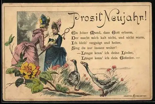 Lithographie Klatschmäuler und Gänse, frauenfeindlicher Humor