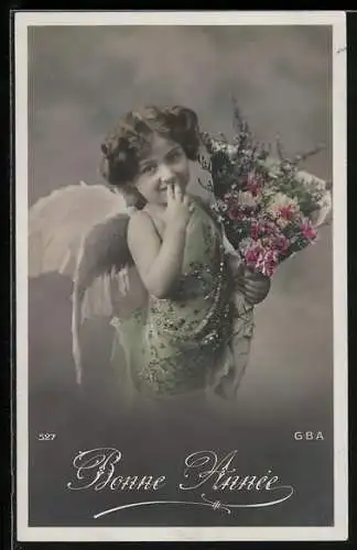 AK Kleiner Neujahrsengel mit Blumenstrauss