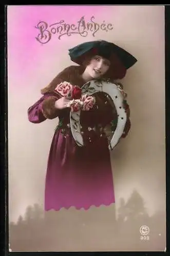 AK Dame mit Hufeisen und Rosen, Bonne Année