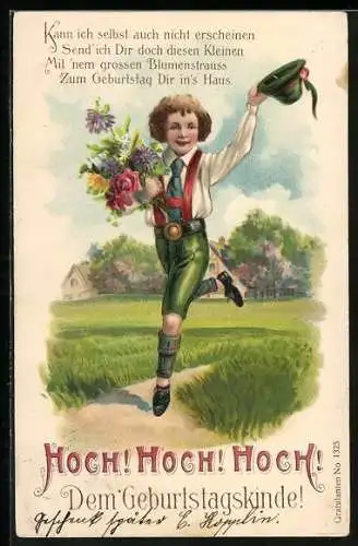 AK Hoch! Hoch! Hoch! Dem Geburtstagskinde!, Kleiner Junge rennt fröhlich mit Blumenstrauss