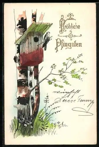 Präge-AK Fröhliche Pfingsten, Vogel an einem Vogelhaus
