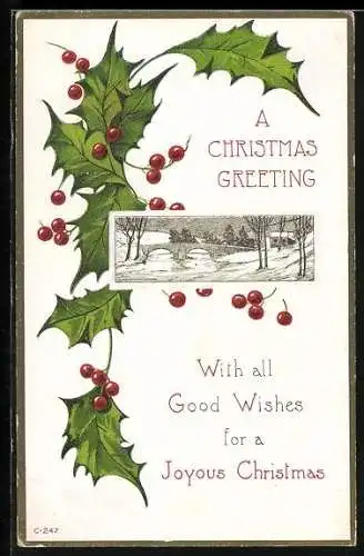 Präge-AK A Christmas Greeting, Winterlandschaft im Stechpalmen-Passepartout