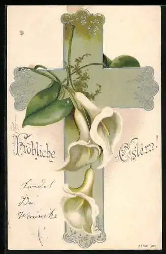 Präge-AK Fröhliche Ostern, Weisse Blüten auf einem Kreuz