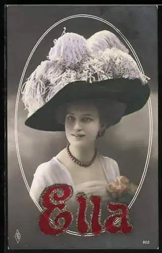 AK Namenstag Ella, Dame mit Federn am Hut