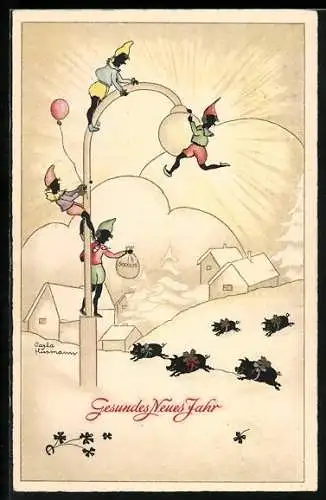 Künstler-AK Zwerge klettern auf eine Laterne, Gesundes Neues Jahr