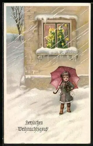 AK Kind vor einem Fenster im Schnee, Herzlichen Weihnachtsgruss