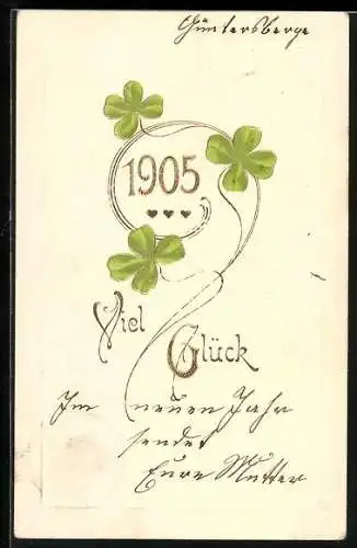 Präge-AK Jahreszahl 1905 mit Kleeblättern, Viel Glück