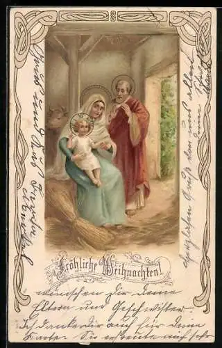 AK Fröhliche Weihnachten, Christus mit Maria und Joseph im Stall
