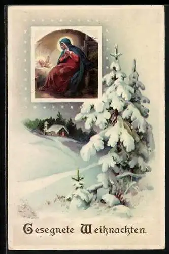 AK Gesegnete Weihnachten, Winterliche Landschaft und Maria mit Jesuskind