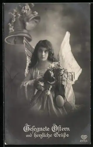 AK Osterengel mit Glocken und Ostereiern