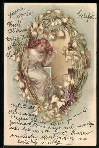 Lithographie Fröhliche Ostern, Mädchen und Schneeglöckchen mit weissem Kreuz