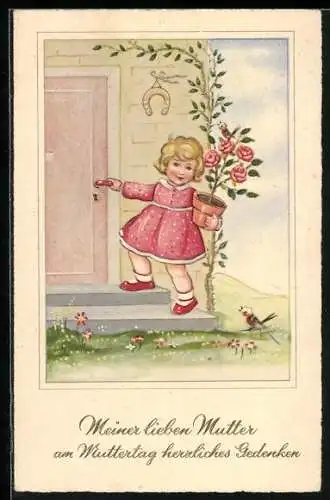 AK Mädchen gratuliert mit Rosenstrauch zum Muttertag