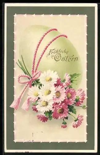 Präge-AK Osterei mit Gänseblümchen-Strauss, Fröhliche Ostern